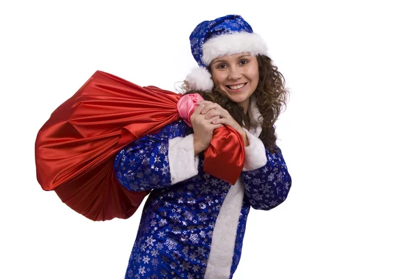 Santa kobieta trzyma czerwony worek z gif — Zdjęcie stockowe