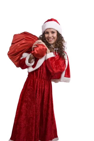 Santa γυναίκα κρατά κόκκινο σάκο με gif — Φωτογραφία Αρχείου