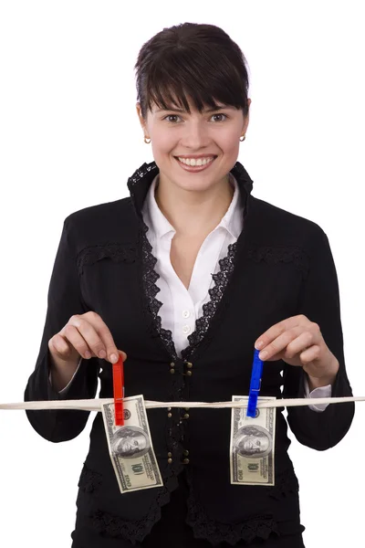 Affärskvinna hänger hundra dollar — Stockfoto