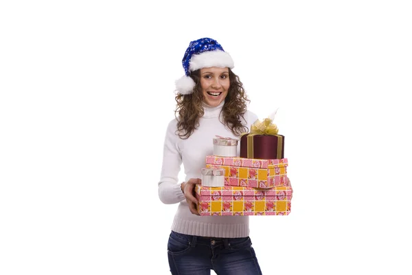 Жінка одягається в синю різдвяну шапку Стокова Картинка