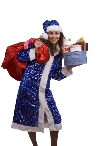 Santa woman is holding red sack with gif Стокове Фото
