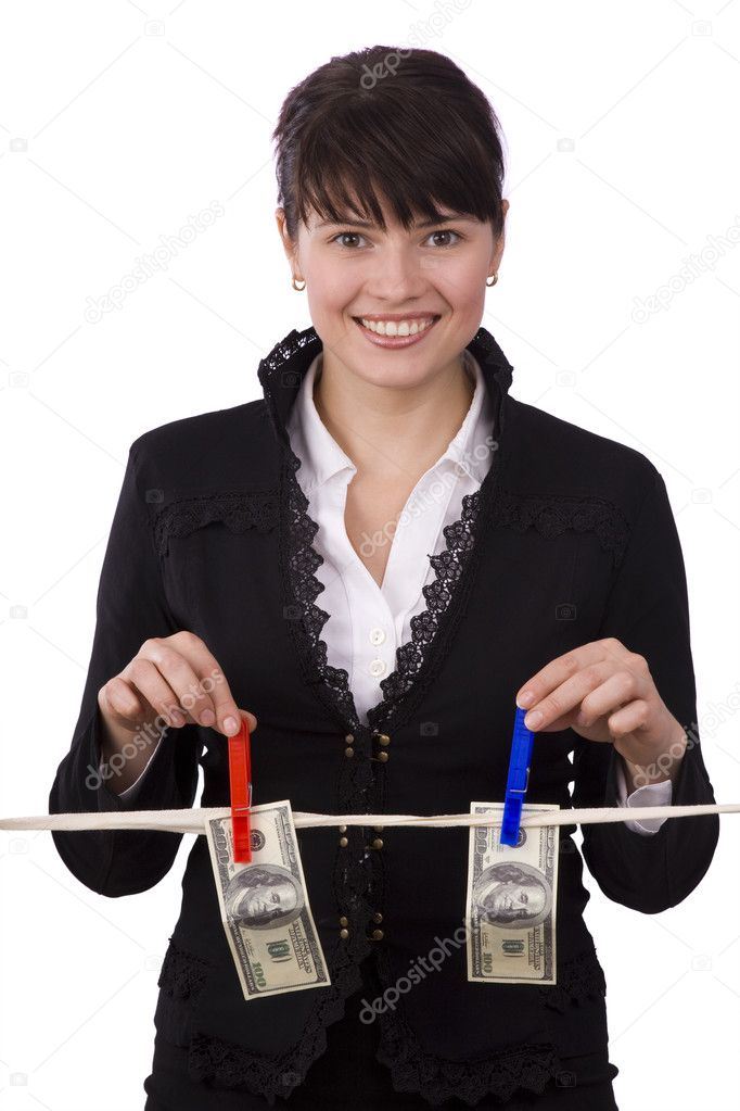 Business woman is hanging hundred dollar