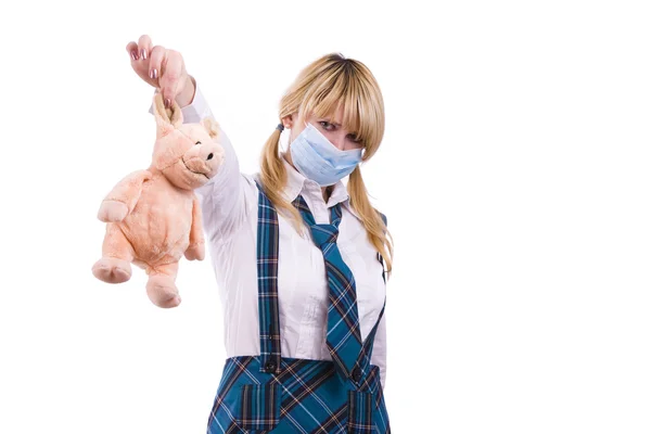 Gripe de porco virus.Schoolgirl com máscara é af — Fotografia de Stock