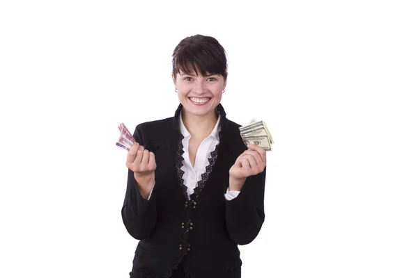 Empresaria sosteniendo un dinero y sonriendo — Foto de Stock