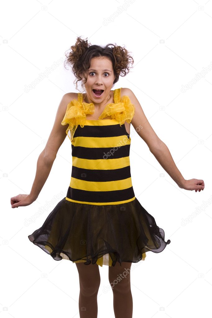 Bee costumes woman looking surprised.