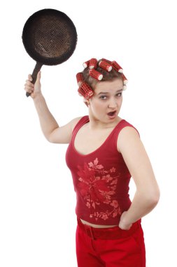 Housewife with curlers in her hair, hold clipart