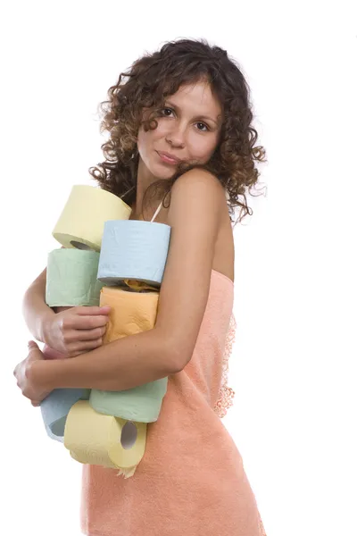 Mulher com papel higiênico — Fotografia de Stock