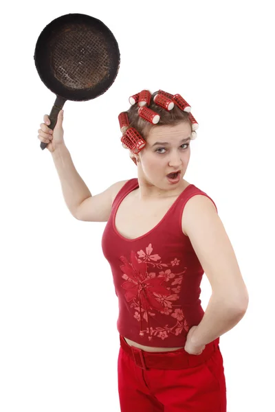 Ev kadını, saçında curlers ile tutun — Stok fotoğraf