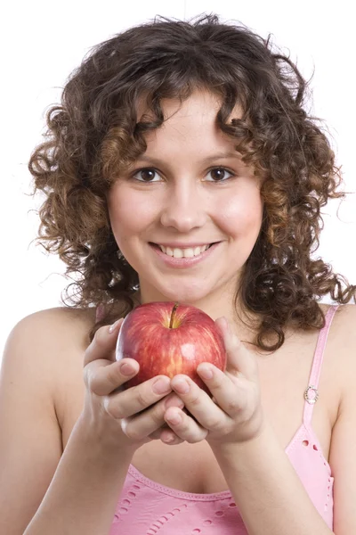 사과를 든 여자 스톡 사진