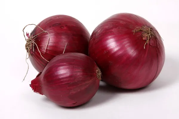 Rote Zwiebeln auf weißem Hintergrund. Stockfoto