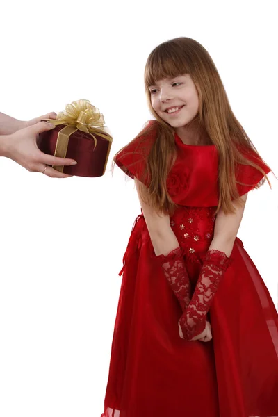 Meglepetés. kis lány kezd ajándék. g Stock Fotó