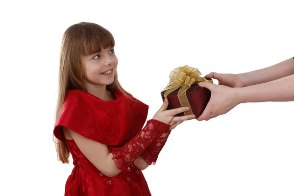 Surprise. Little girl is getting gift. G Stock Photo