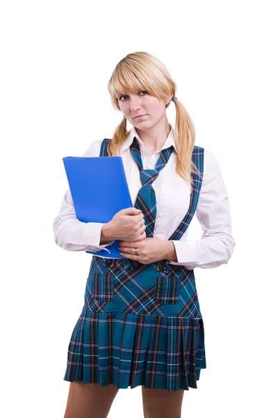 Senior studentessa in uniforme con f — Foto Stock