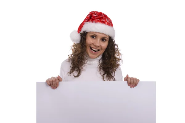 Donna in cappello di Natale con banner — Foto Stock