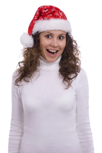 Noel Baba kız kırmızı yılbaşı şapkası — Stok fotoğraf