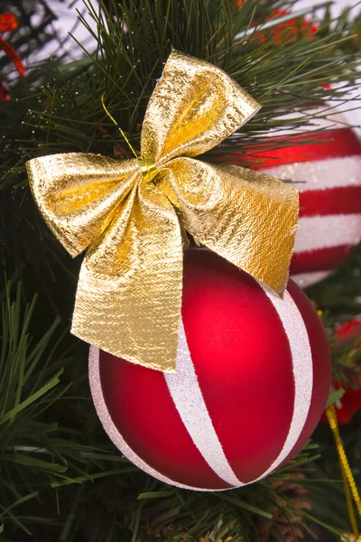 Rode bal siert op kerstboom — Stockfoto
