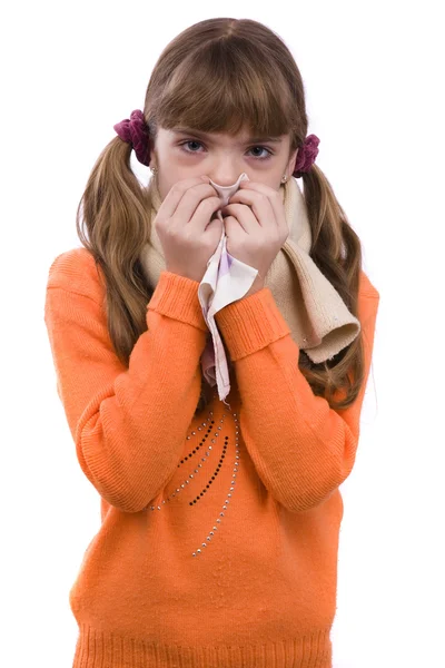 Sneezing.Girl hasta ve boğaz ağrısı var. — Stok fotoğraf