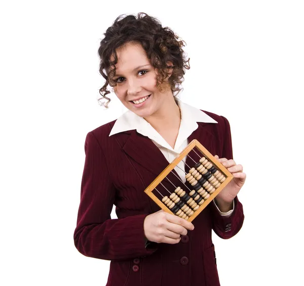 Affärskvinna med trä abacus. Stockfoto