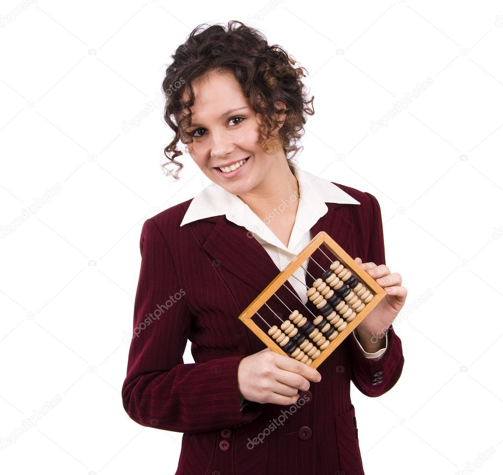 Businesswoman with wooden abacus.
