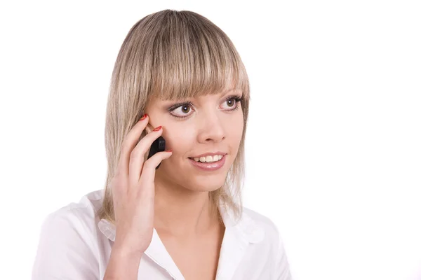 Leende flicka talar på mobiltelefonen — Stockfoto