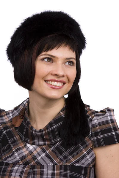 Kobieta w furry czarny kapelusz. — Zdjęcie stockowe