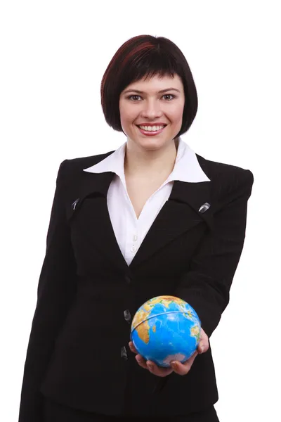 Empresária segura globo terrestre na mão — Fotografia de Stock