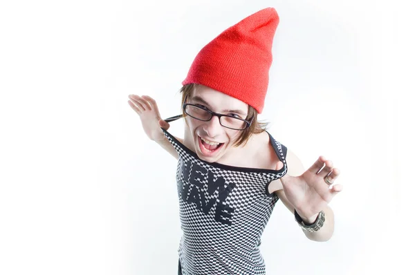 Emotional teenager in red hat screaming — Stock Photo, Image