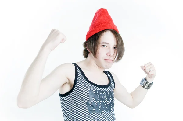 Funny emotional teenager in red hat — Stock Photo, Image