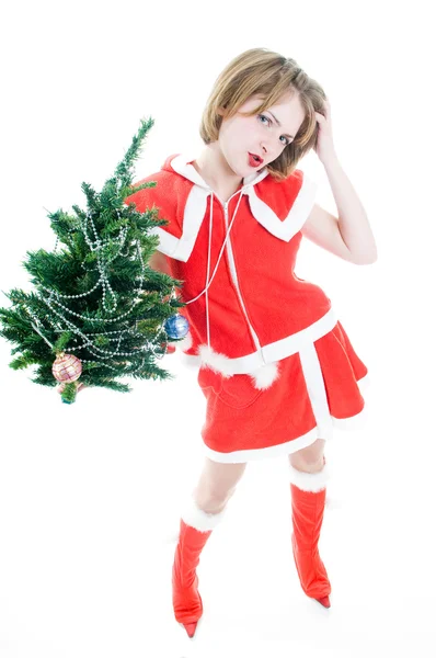 Funny mrs. Santa with Christmas tree — Stock Photo, Image