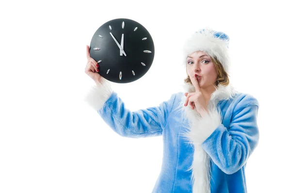 Attractive mrs. Santa with clock — Stock Photo, Image
