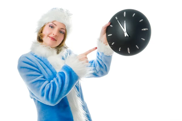 Beautiful mrs. Santa with clock — Stock Photo, Image