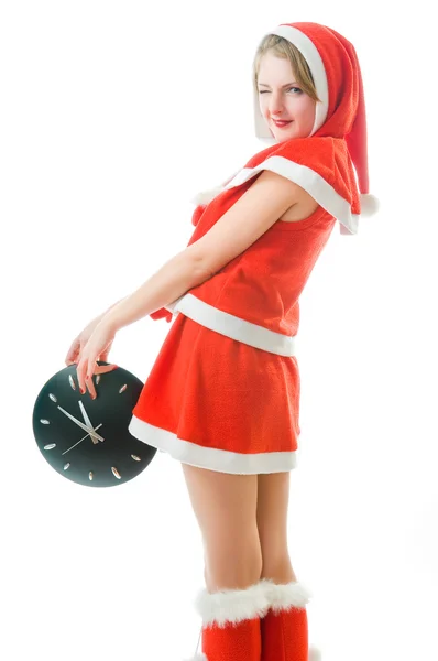 Menina piscando em roupas de Papai Noel — Fotografia de Stock