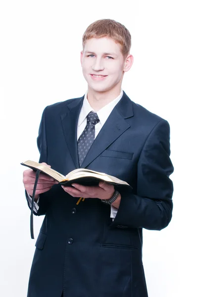 Homem alegre com a Bíblia — Fotografia de Stock