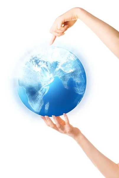 Woman hand holding shining globe — Stock Photo, Image