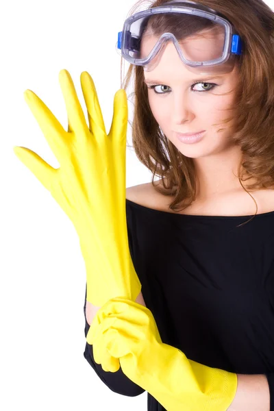 Arbeiterin mit gelben Gummihandschuhen — Stockfoto