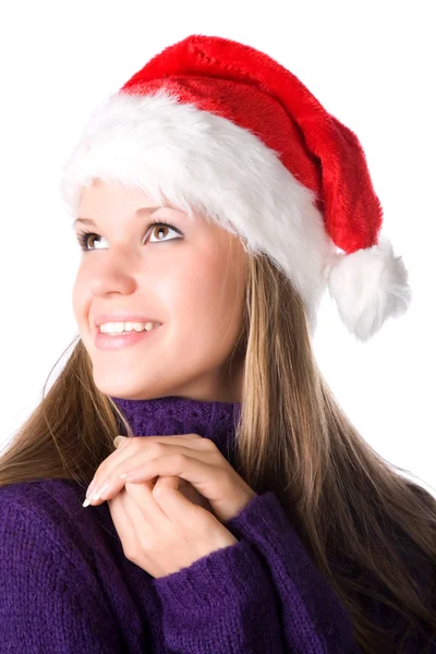 サンタ帽子肖像ヘマタイトの笑みを浮かべて若い女性 — ストック写真