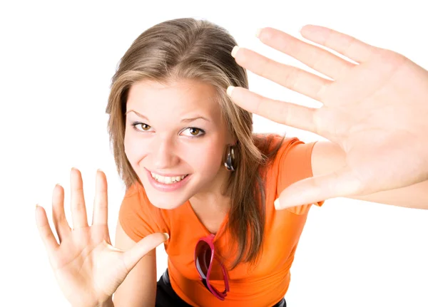 Fiatal boldog nő, nyúlik a kezét, hogy th — Stock Fotó