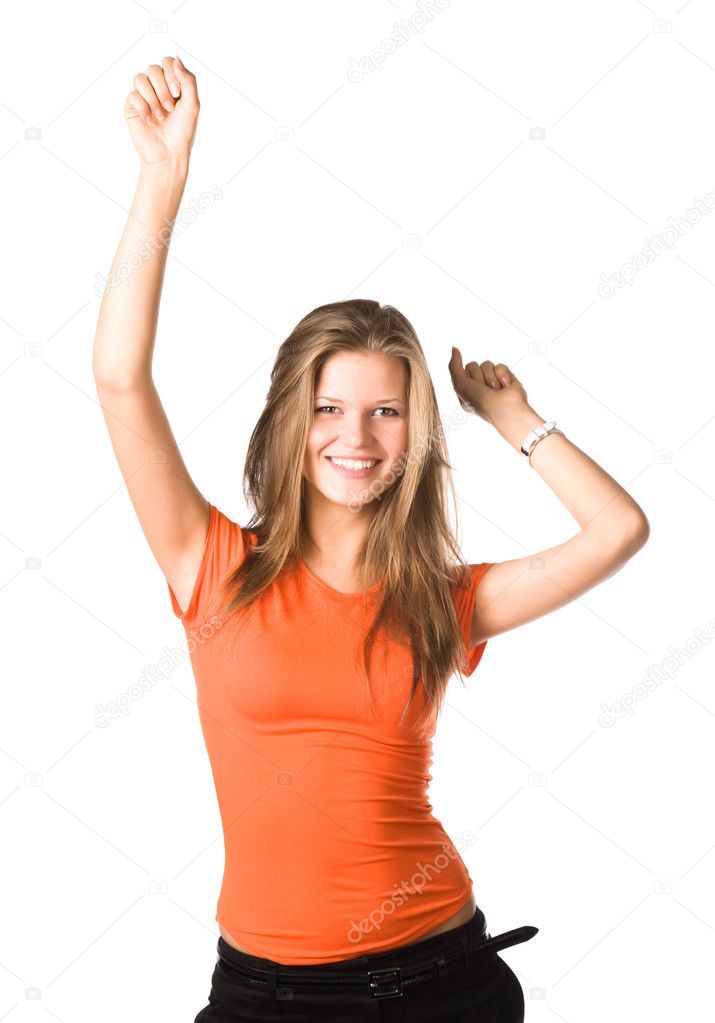 Young happy woman stretching up hands