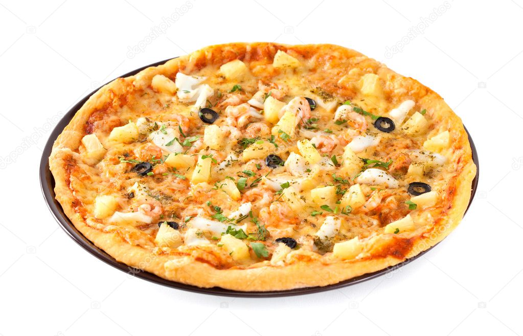Pizza with pineapples and shrimps