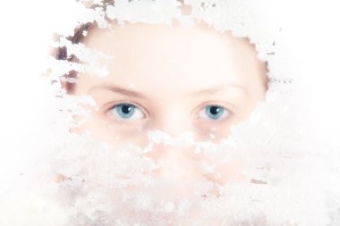 Young woman looking through dirty glass clipart