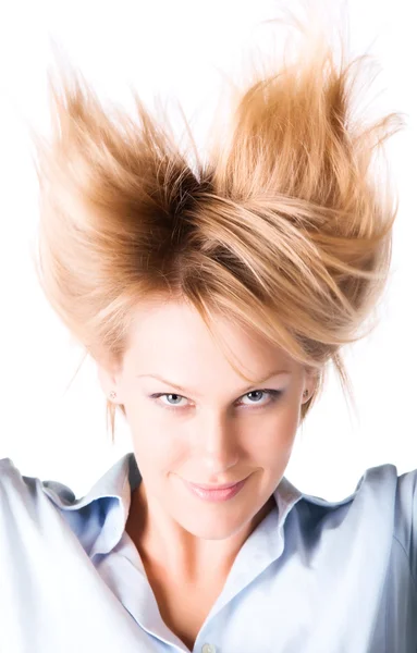 Fröhliche Frau mit hochgekrempelten Haaren — Stockfoto