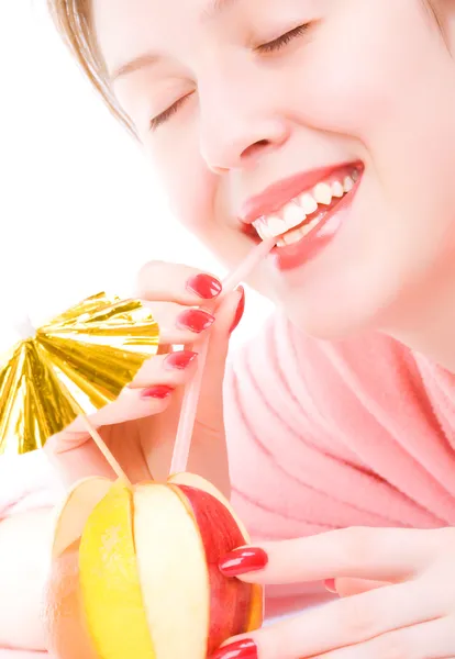 Young woman drinking fruit mix coctail — Stock Photo, Image