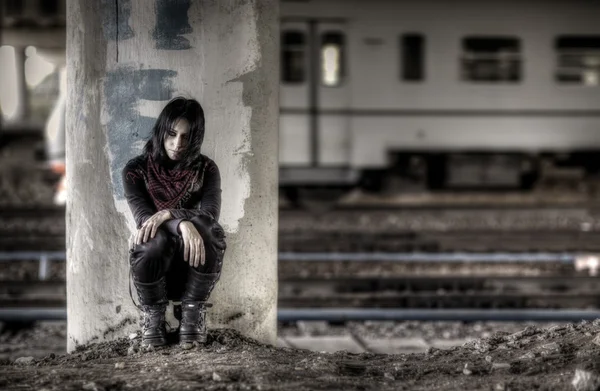 stock image Goth woman at the column