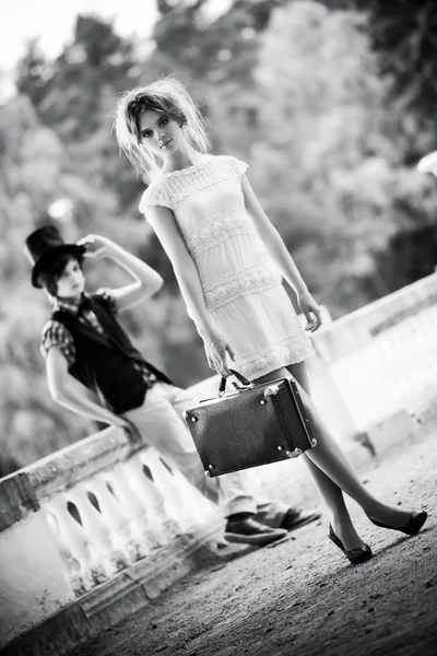 Young walking lady and gentleman — Stock Photo, Image