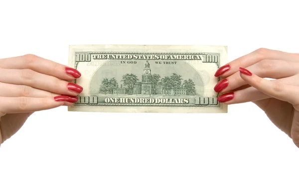 Mulher segurando dólar — Fotografia de Stock