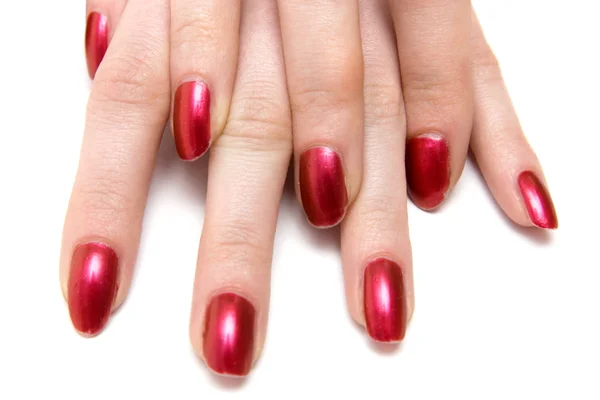 Две женщины руки с красными ногтями — стоковое фото