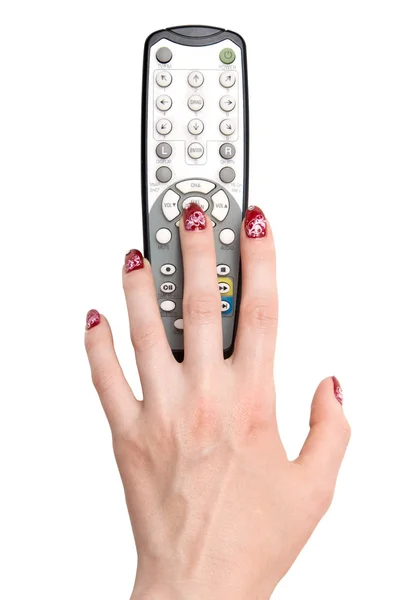 Γυναίκα χέρι και τηλεόραση τηλεχειριστήριο — Φωτογραφία Αρχείου