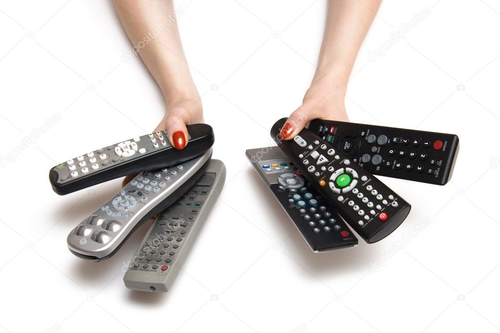 Woman hands with tv remote controls