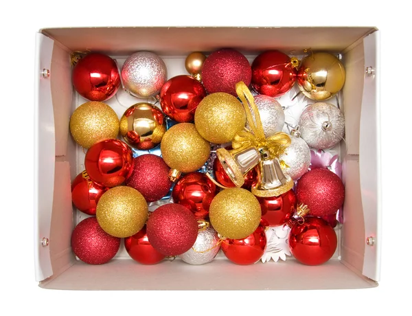Box with new year tree decorations — Stock Photo, Image