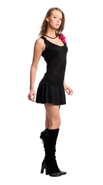 Young slim woman in black dress — Stock Photo, Image